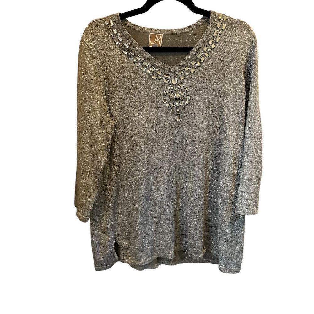 JM Collection‎ Women's Gray Embellished V-Neck Sweater 1X 3/4 Sleeve
